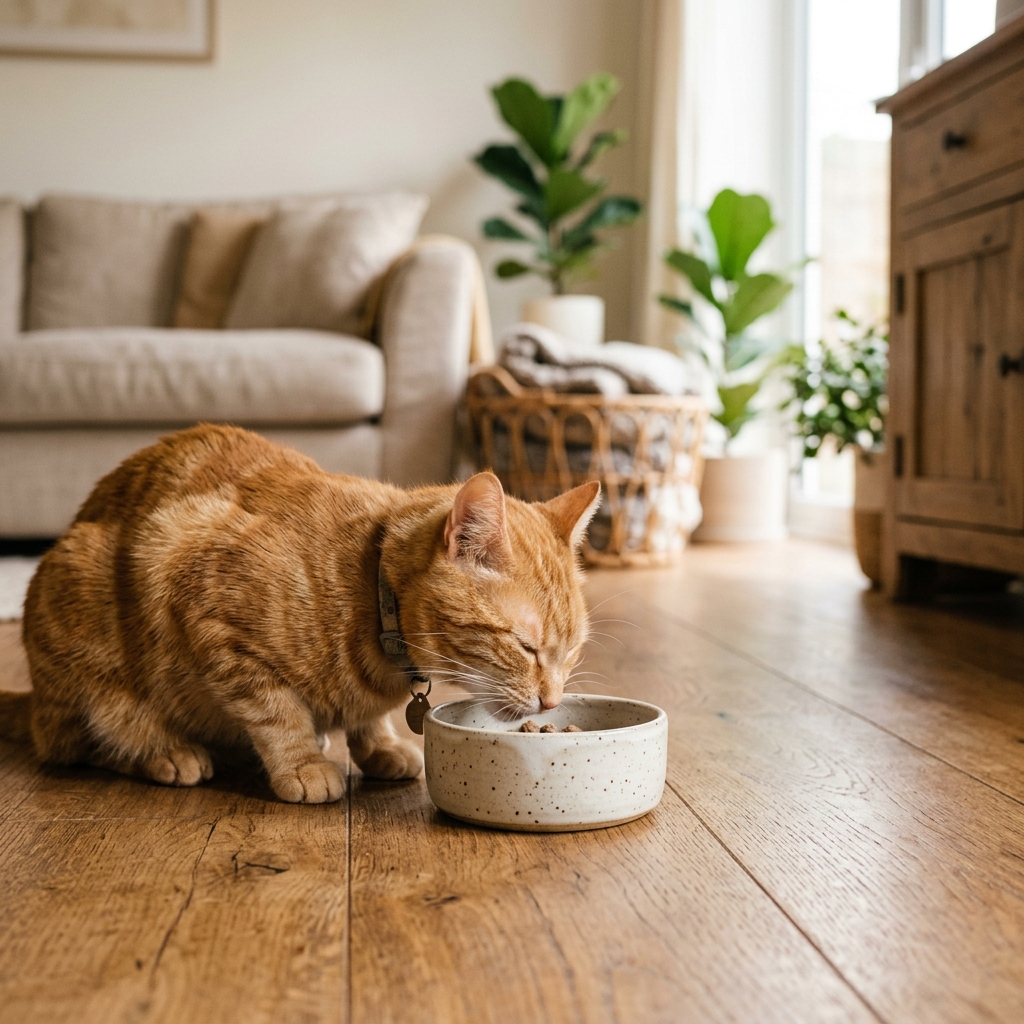 A relaxed ginger tabby cat calmly eating from a ceramic bowl