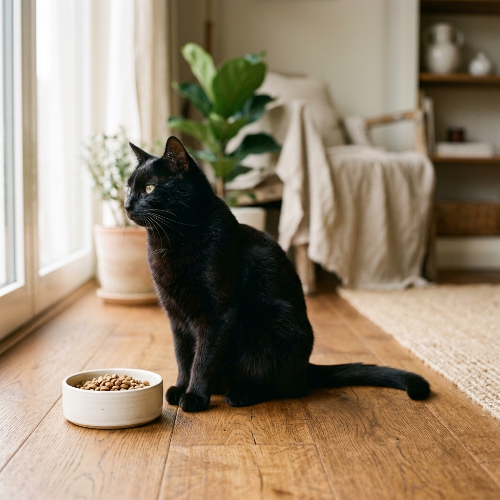An elegant black cat sitting calmly next to a ceramic food bowl in a warm, sunlit room