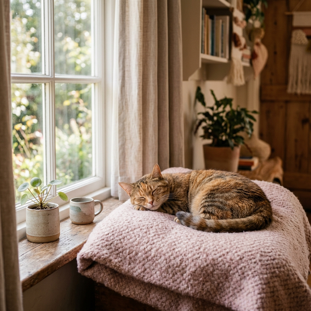 Relaxed cat feeling safe in a cozy home environment