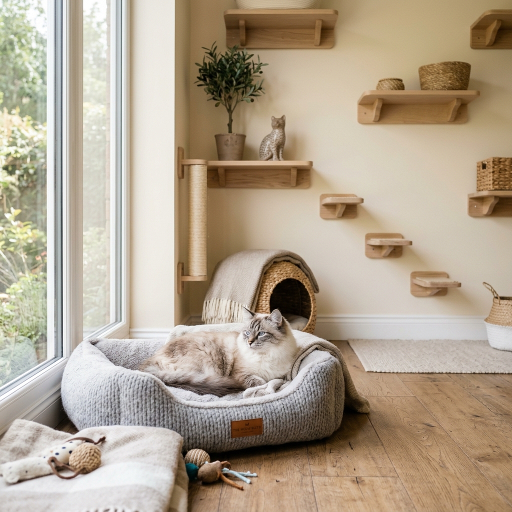 A relaxed fluffy cat lying in a soft bed inside a clean and sunlit cat room