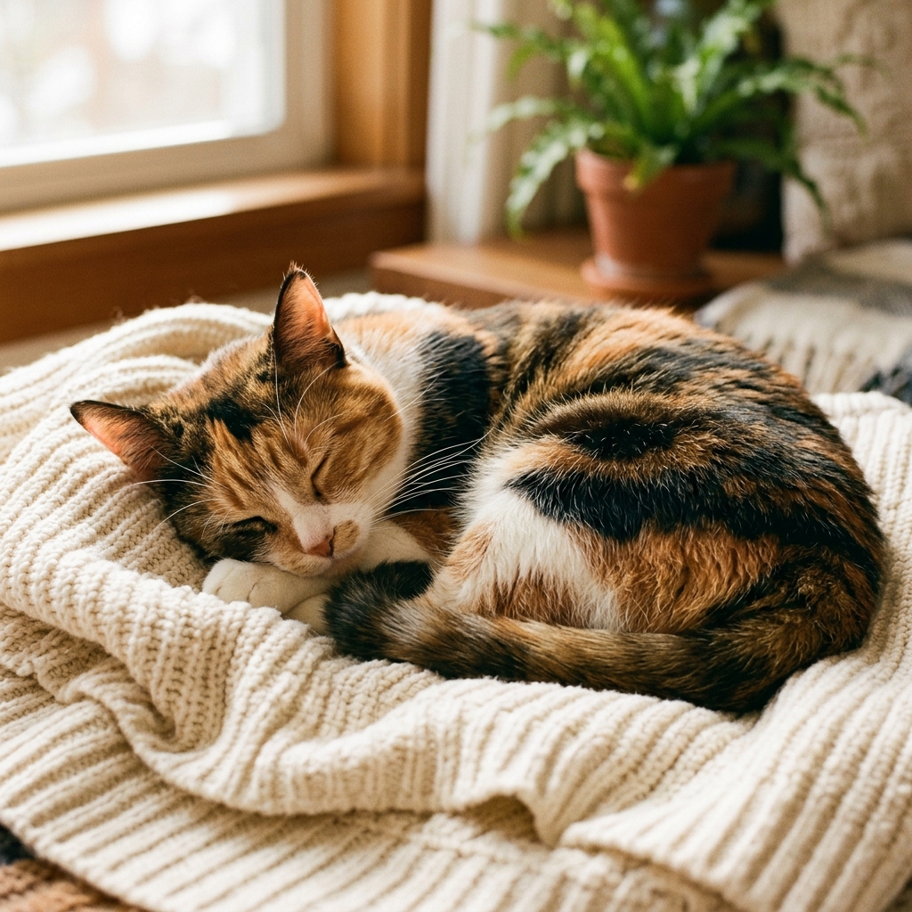 A calico cat sleeping peacefully curled up on a soft cotton sweater