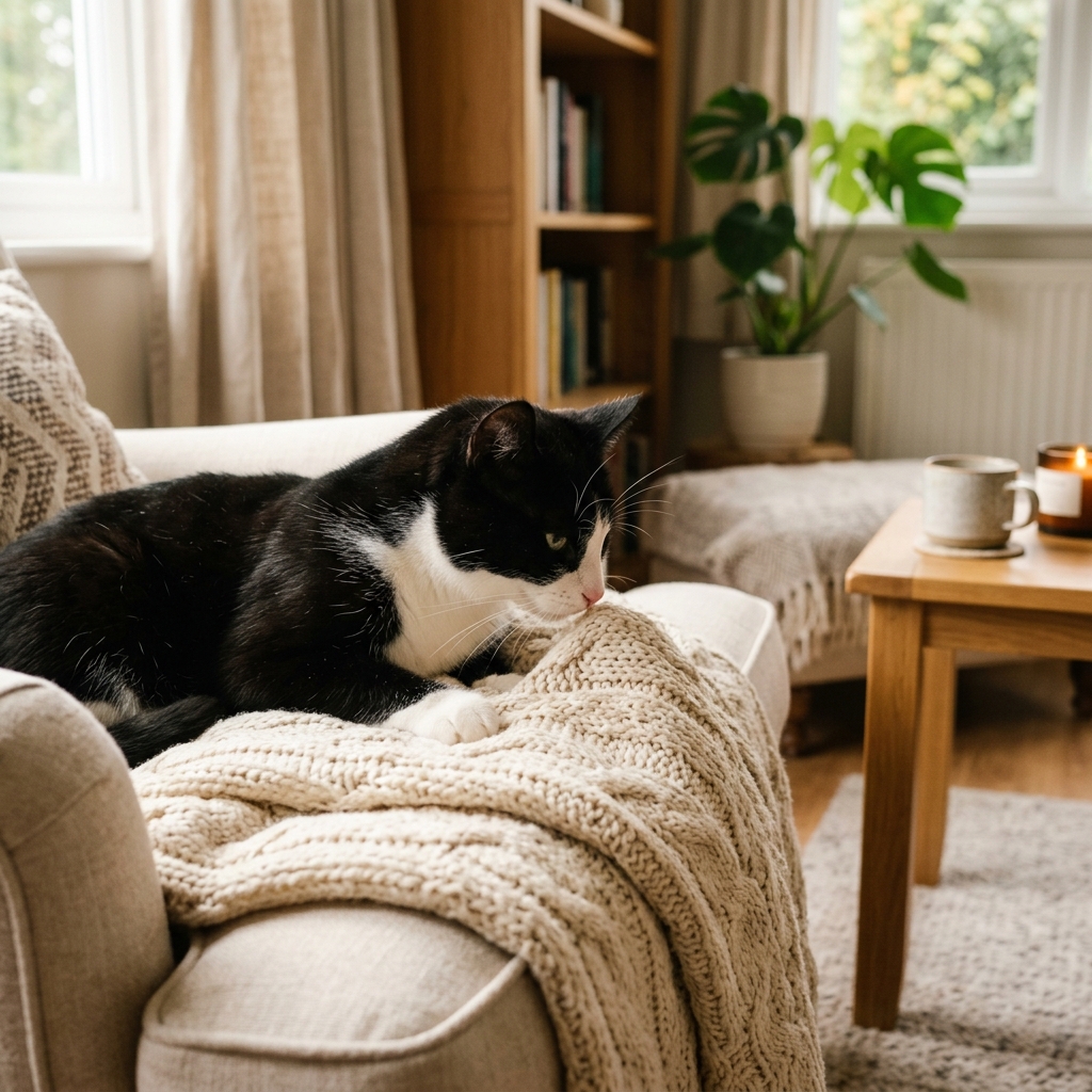 A black-and-white tuxedo cat sniffing a soft knitted blanket in a cozy corner