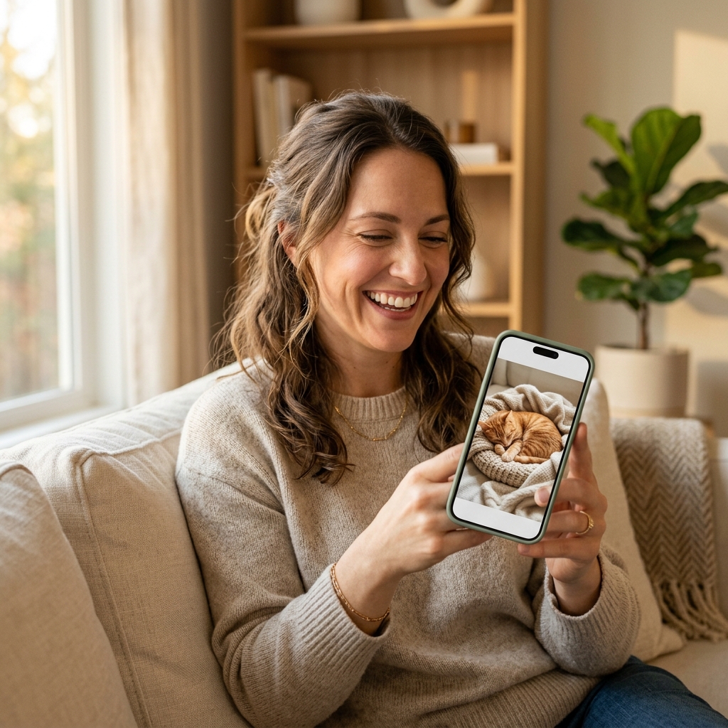 Happy owner looking at cat updates