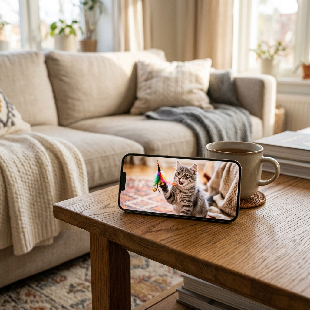 A smartphone screen displaying a photo update of a playful grey tabby cat