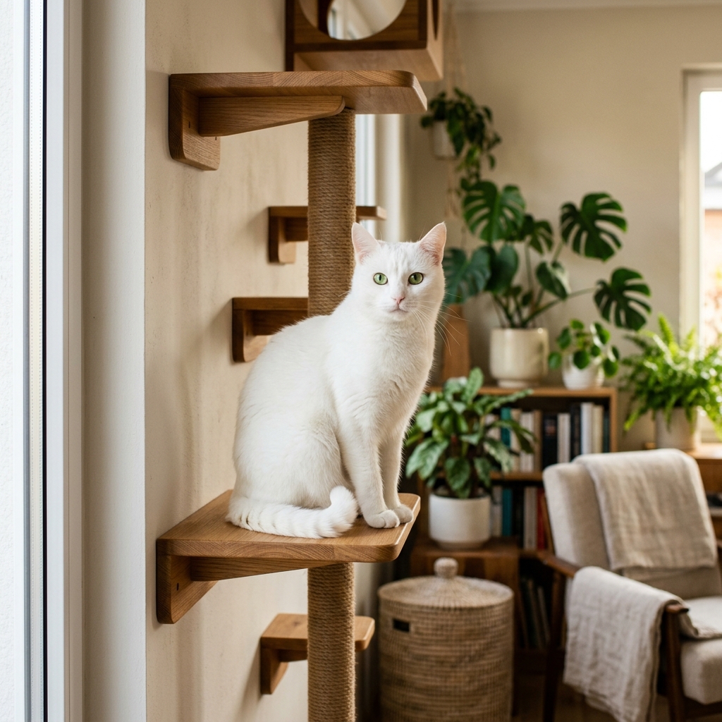 An elegant white long-haired cat resting on a high perch looking out the window