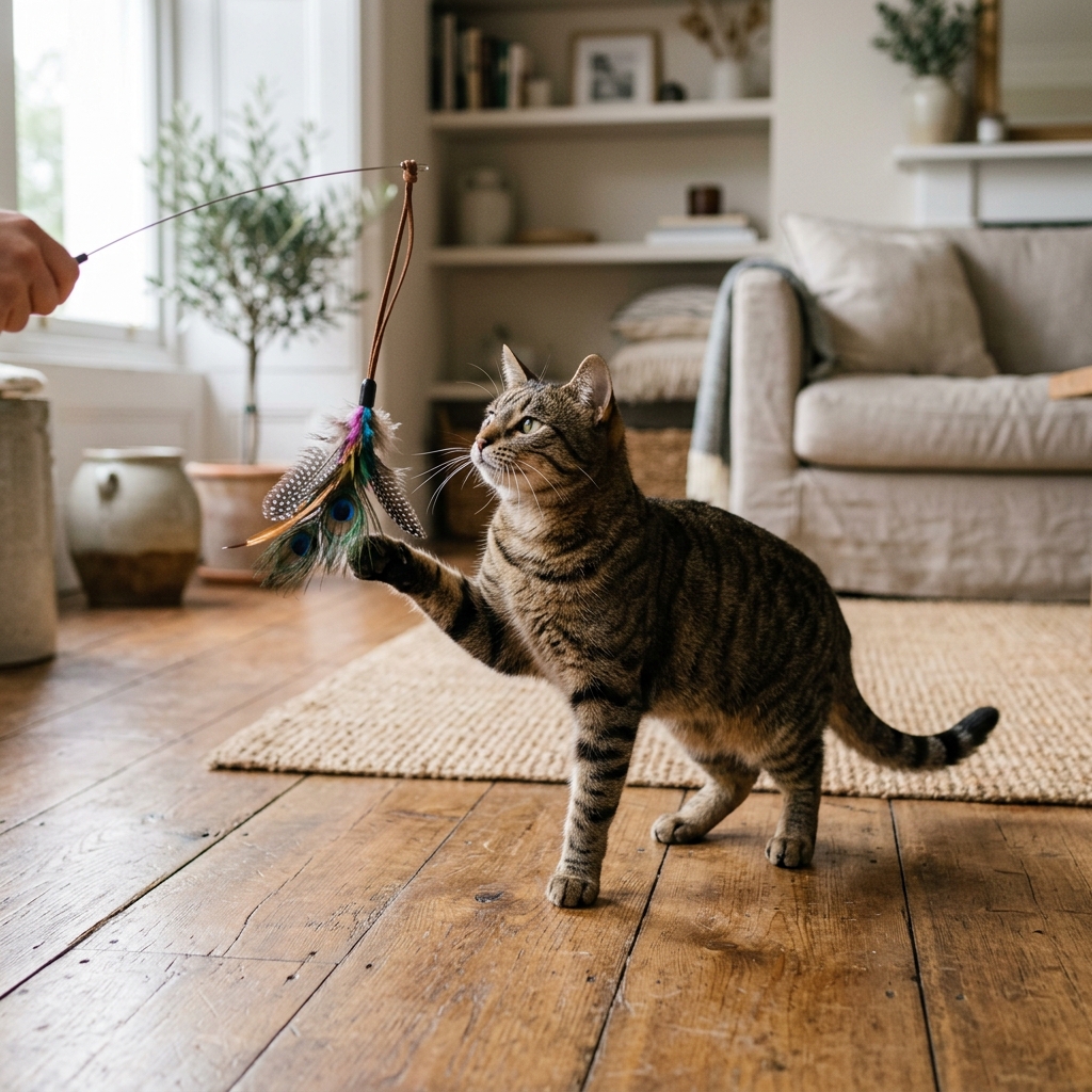 A brown tabby cat standing on the floor batting at a feather toy
